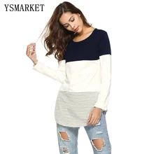 Повседневный полосатый топ с круглым вырезом Женская Сексуальная Прямая длинная футболка Boho vestido весна осень триколор Сращивание футболка EYD0001