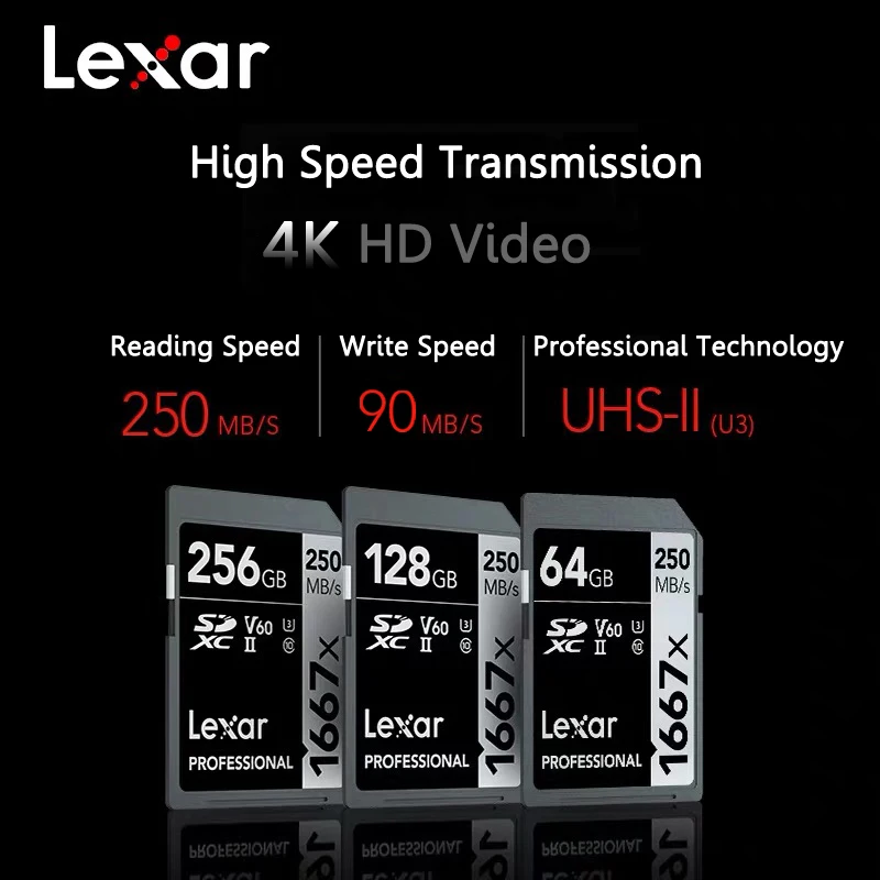 Sd-карта Lexar 1667X, 64 ГБ, 128 ГБ, 256 ГБ, U3 V60, 4 K, высокая скорость, 250 м/с, MLC, частицы, SDXC, UHS-II, SLR, карта памяти micro, Одиночная камера