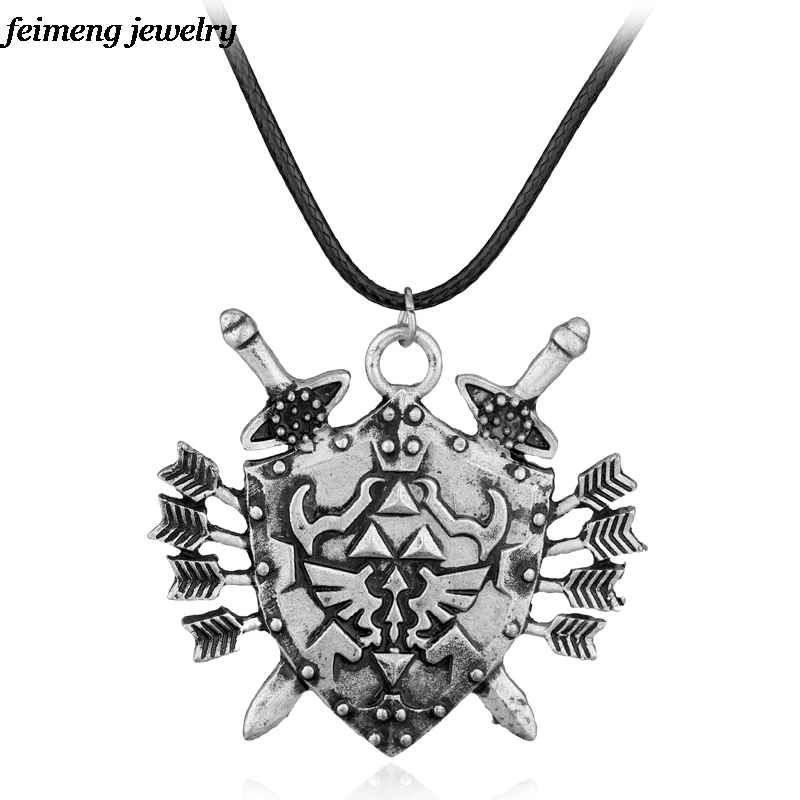

Vintage Punk The Legend of Zelda Triforce Shield Pendant Necklaces Leather Chain Necklace Men Choker