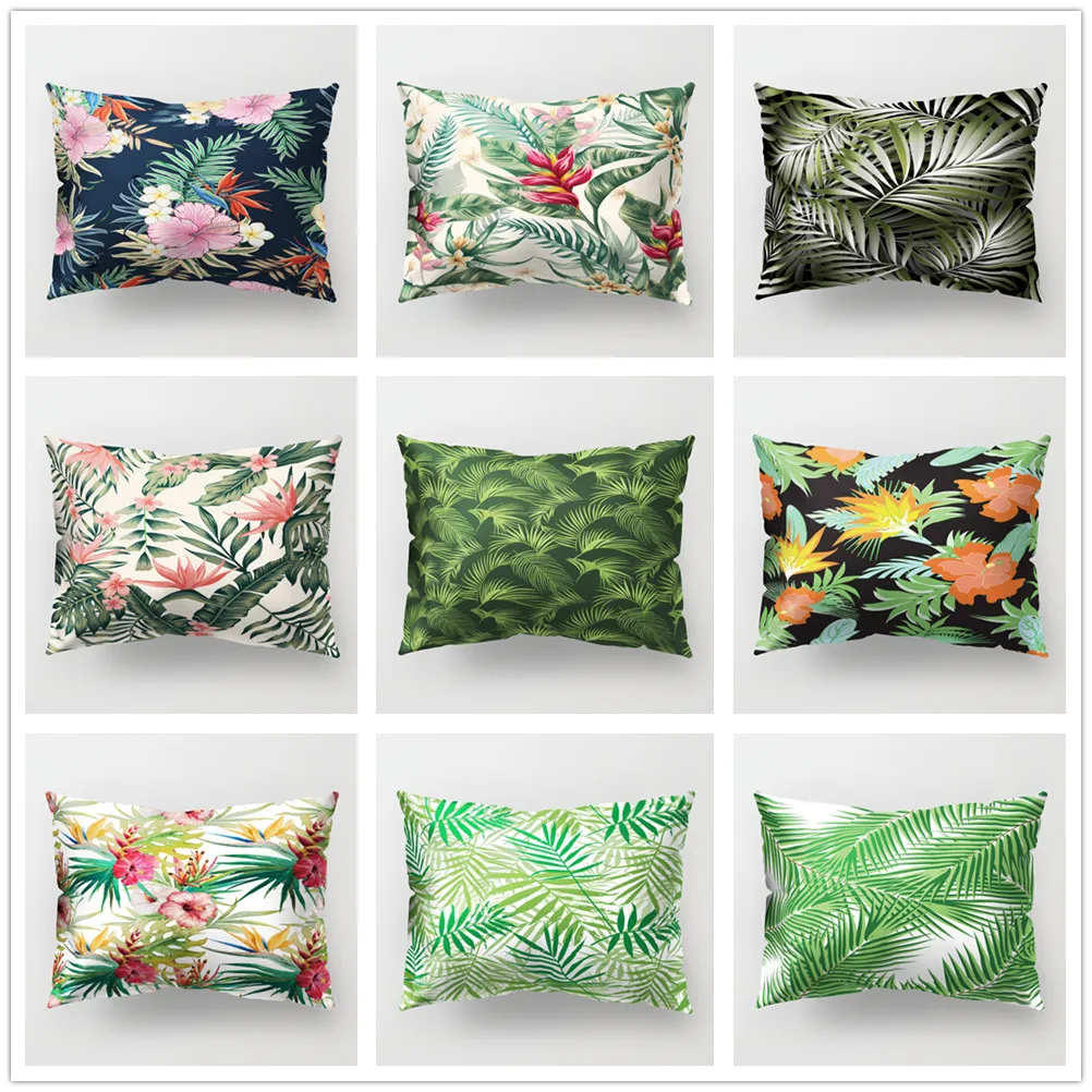 

Green Plants Polyester Cushion Cover Tropical Leaves Flowers Fresh Soft Pillowcase for Sofa Couch Home Living Room Decor 30x50cm