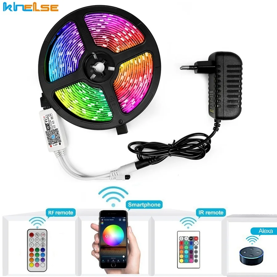

Smart WiFi LED Light Strip Kits Wireless Phone APP Controlled RGB LED Strips 5M 10M 15M Led Ribbon Tape Remote 12V Power Adapter