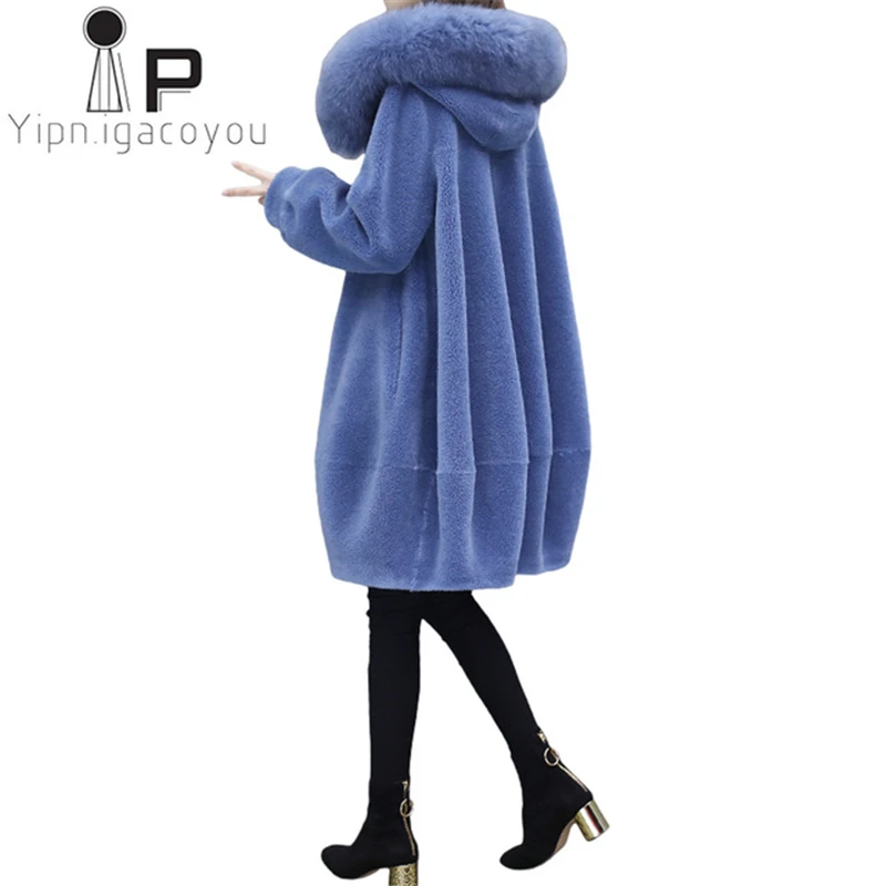 

Winter Faux Sheepskin Coat Women Long Fox Fur Collar Hooded Fake Fur Jacket Women Outerwear Plus size Warm Ladies Faux Fur Coat