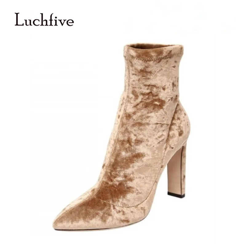 

Luchfive Hot Sale High Heeled Boots Soft Velvet Slip On Sexy Pointed Toe Short Booties For Women Strange Thin Heel Ankle Boots