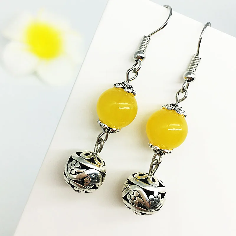 

SHELA Hot sale Bright Yellow Stone Tibetan silver bead Special Design Fashion Jewelry for Women Girls Drop Earrings Pendientes