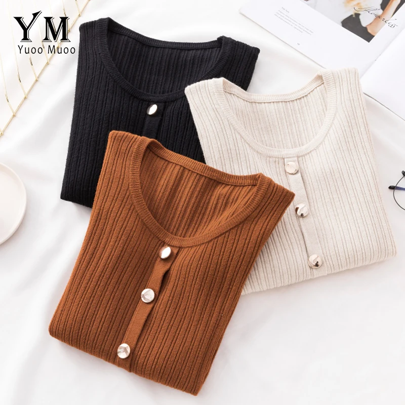 

YuooMuoo New High Quality Designer Sweater Women Front Buttons Casual Pullovers Solid Autumn Winter Basic Knitted Sweater Jumper