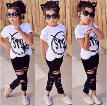 2016 Kids Girls Clothes Set Baby Girl Summer Short Sleeve Print T-Shirt + Hole Pant Leggings 2PCS Outfit Children Clothing Set