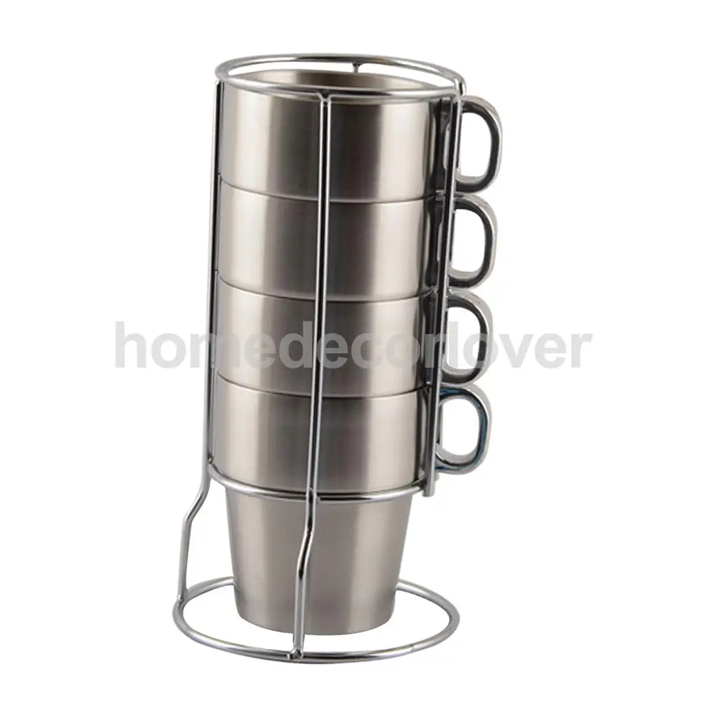 Stainless Steel Cup Double Wall  Tea Coffee Mug Unbreakable 6Mugs and Holder