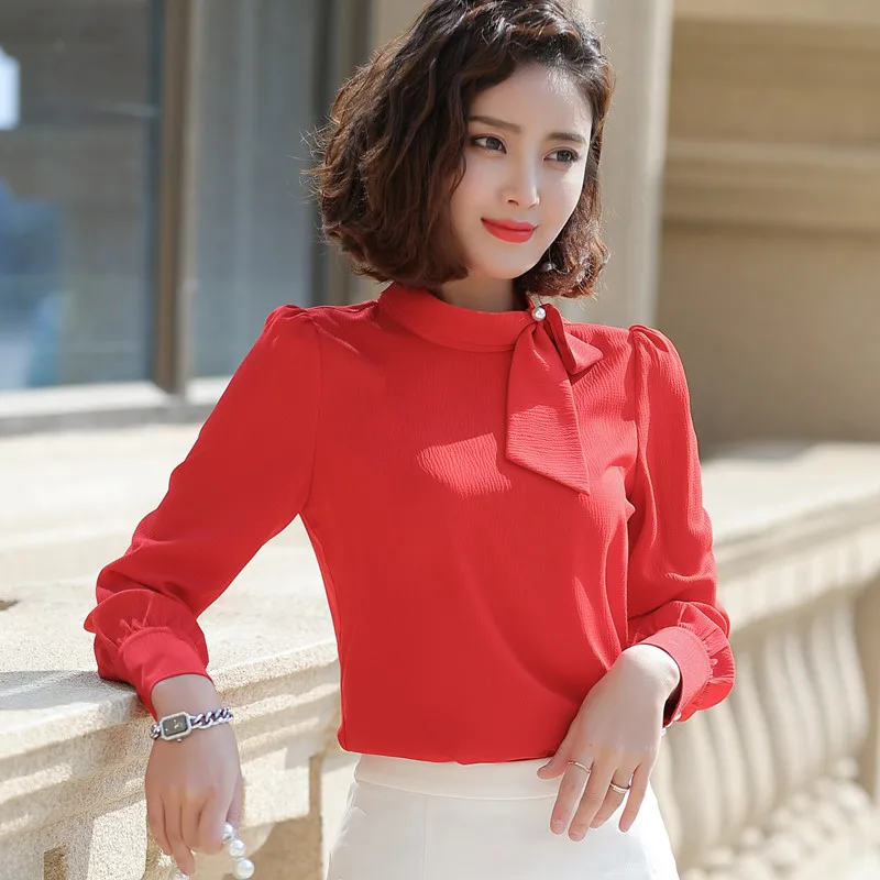 Высококачественная модная женская рубашка со стоячим воротником и бантом, новинка, формальные шифоновые блузки с длинным рукавом, офисные женские элегантные топы размера плюс