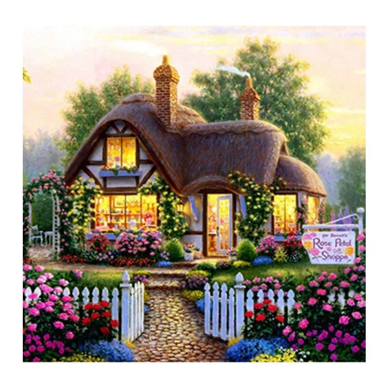

5D New Diamond Painting Garden Hut Diamond Embroidered Flowers Full Drill Cross Stitch Posted Forest Lake Scenery Custom photo