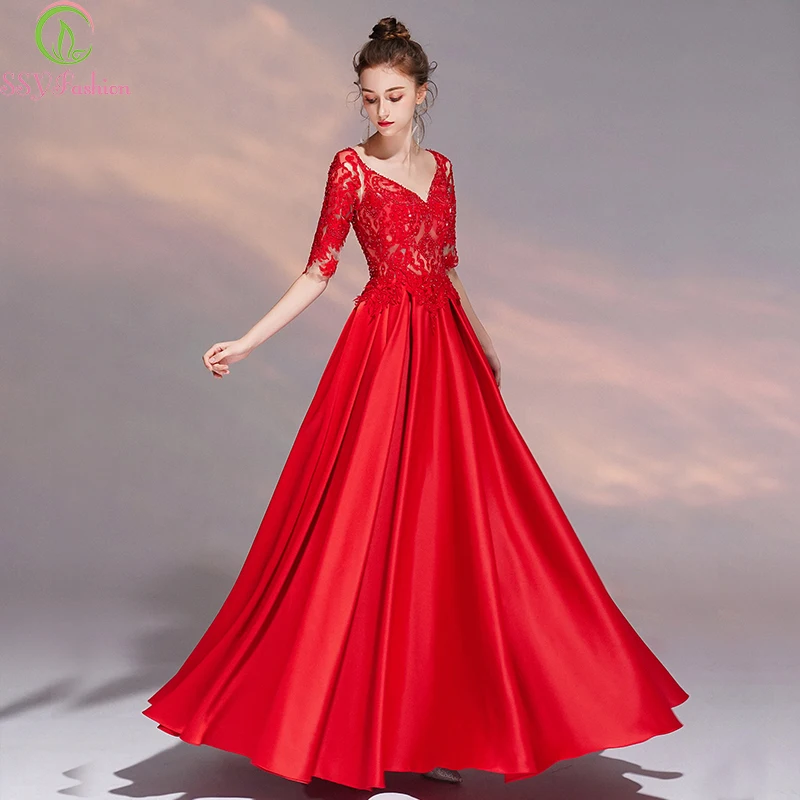 SSYFashion Новое красное вечернее платье с v-образным вырезом с коротким рукавом с кружевными аппликациями с пайетками длиной до пола