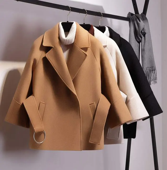 Женское Короткое шерстяное пальто, куртка с поясом, высокое качество, модное свободное ТРАПЕЦИЕВИДНОЕ Женское зимнее пальто цвета хаки, верхняя одежда, S-2XL