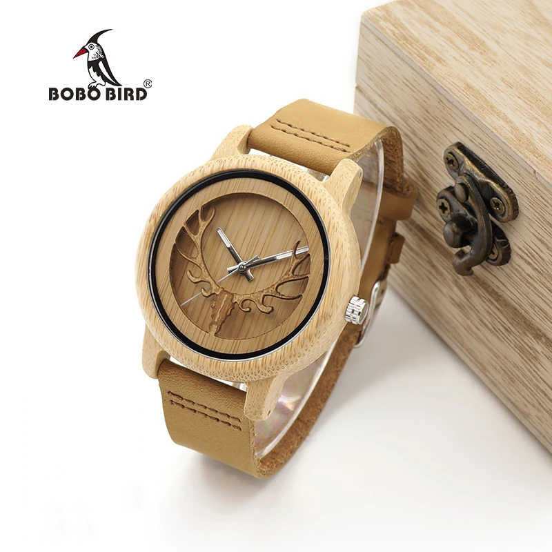 BOBO BIRD Timepieces Bamboo Watches Men Women Skeleton Deer Buck Head Design Wood Quartz Watch relogio masculino C-A27
