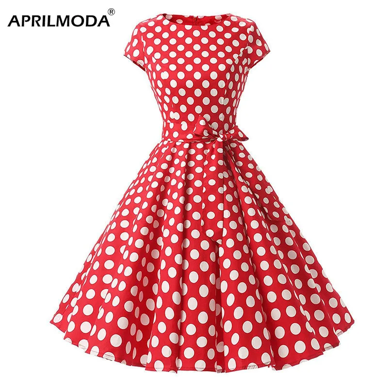 Ladies Red White Polka Dot Printed Vintage Dress Retro 1950s 1960s