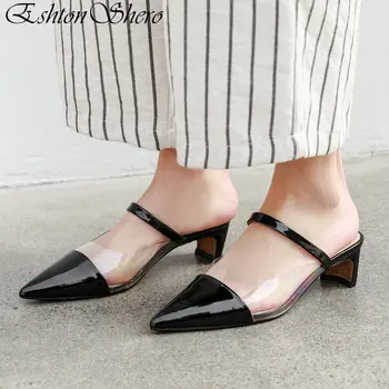 

EshtonShero Summer Women Sandals Shoes Woman Low Heel Platform Patent Leather Pointed Toe Slingback Ladies Wedding Shoes Size3-8