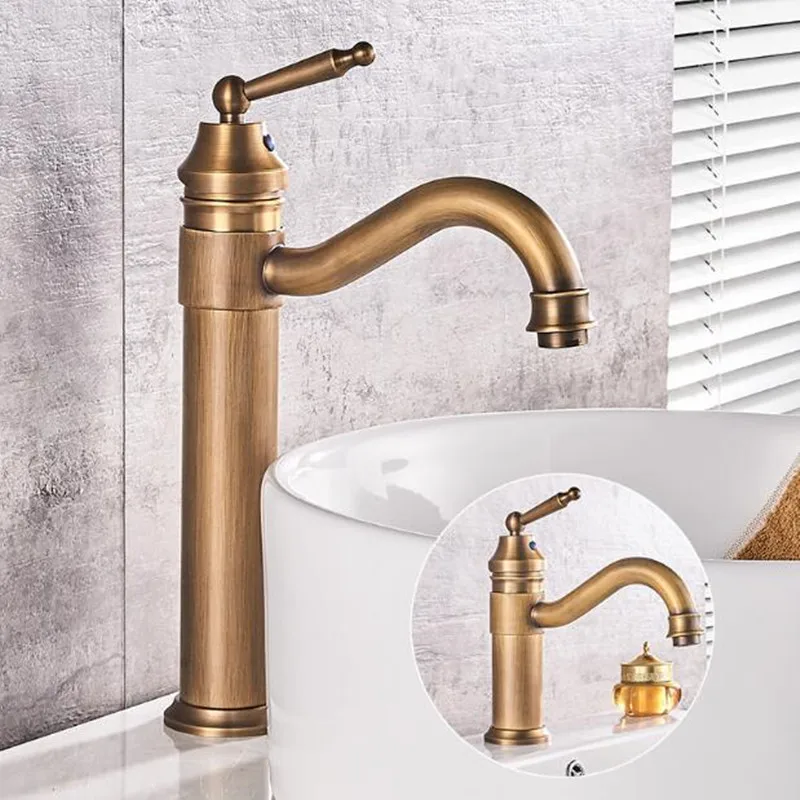 

Bathroom faucet Retro high single hole washbasin antique European basin above counter basin copper Hot and cold water tap