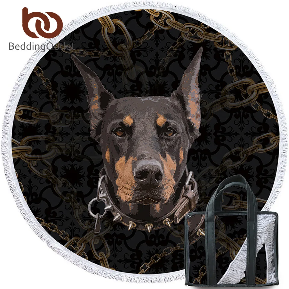 

BeddingOutlet Doberman Large Round Beach Towel Chain 3D Printed Microfiber Towel Blanket Animal Dog Picnic Mat drap de plage
