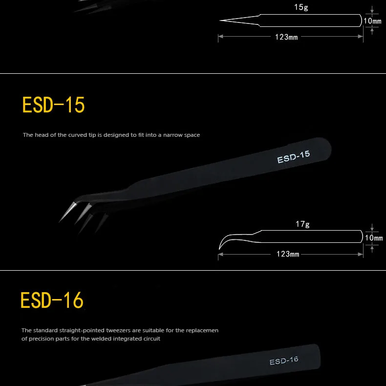 9 шт. ESD комплект пинцетов из нержавеющей стали, прецизионные антистатические инструменты для технического обслуживания, точность для ремонта электроники, ювелирных изделий, телефонов