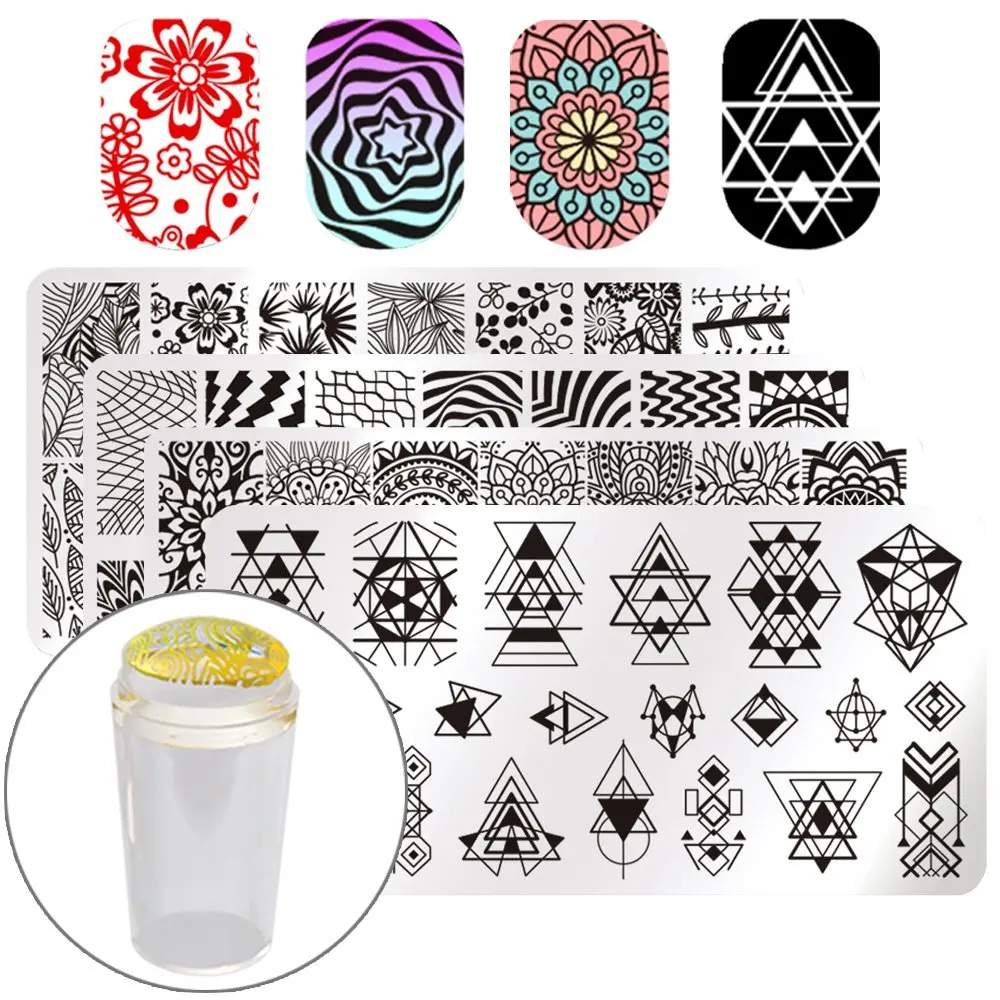 

BORN PRETTY 4PC Rectangle Nail Stamping Plate Geometry Flower Pattern Nail Art Template with Stamper and Scraper Stamping Kits