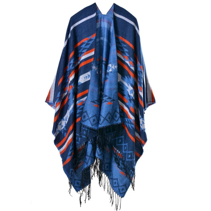 Удлиненная и плотная кашемировая шаль для путешествий с геометрическими ромбовидными кисточками, плащ abrigos mujer invierno - Цвет: dark blue