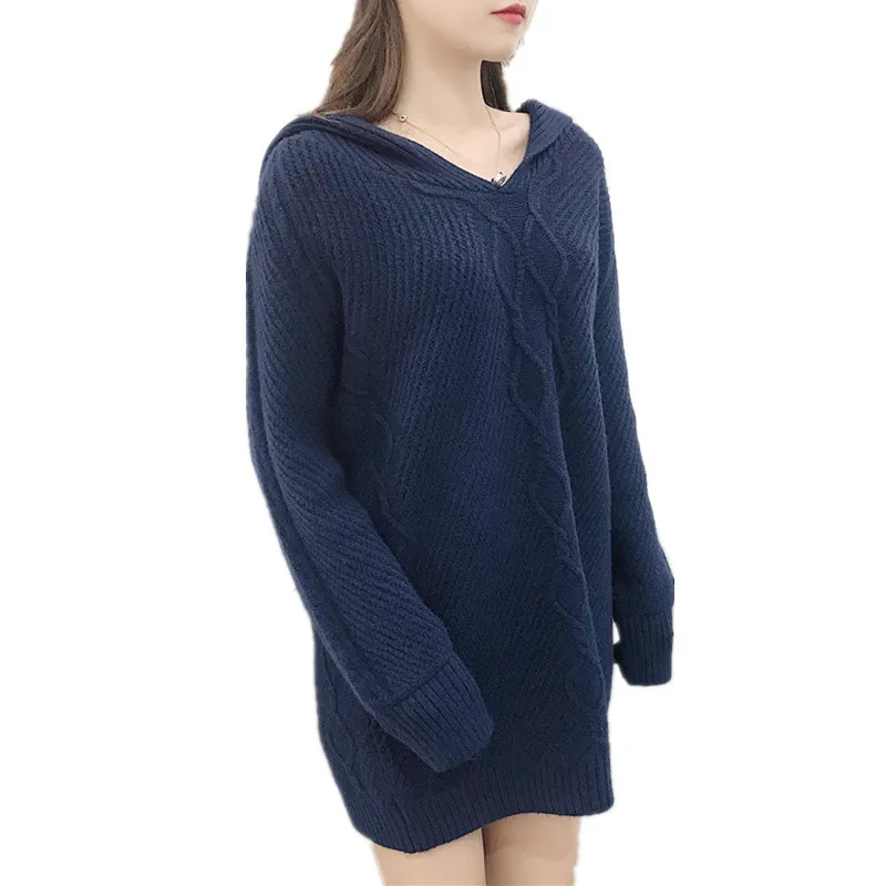 Женский свитер с капюшоном 2019 средней длины Свободный вязаный Однотонный женский зимний свитер модный Женский вязаный пуловер