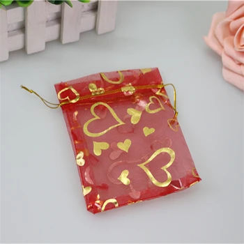 

Wholesale 100pcs/lot 7*9cm Red Organza Pouches With Gold Heart Favor Wedding Gift Bags Christmas Organza Bags