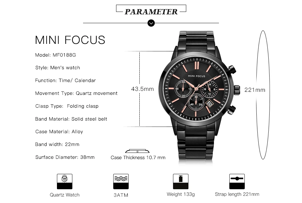 Мужские часы из нержавеющей стали с мини-фокусом, деловые армейские кварцевые наручные часы с хронографом, мужские часы 0188G