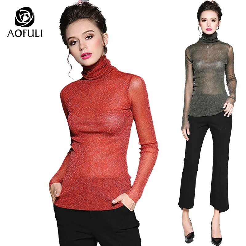 

AOFULI M~ XXL Sexy See-through Knit Turtleneck T-shirts Autumn Plus Size High-neck Skinny Tee Shirt Long Sleeve Tops B6151