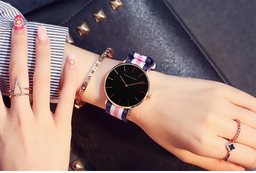Женские часы HM брендовые кварцевые часы для влюбленных повседневные водостойкие простые часы модные хит цвета холст кожаный ремешок 1230-HR40