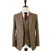 Suits Wedding-Dress Tailor-Made Mens Tweed Blazers Slim-Fit Custom Wool for Retro Brown