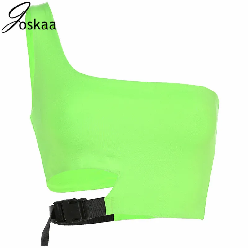 

Buckle Neon Green Hollow Out One Shoulder Sexy Club Cropped Tops Women Summer 2019