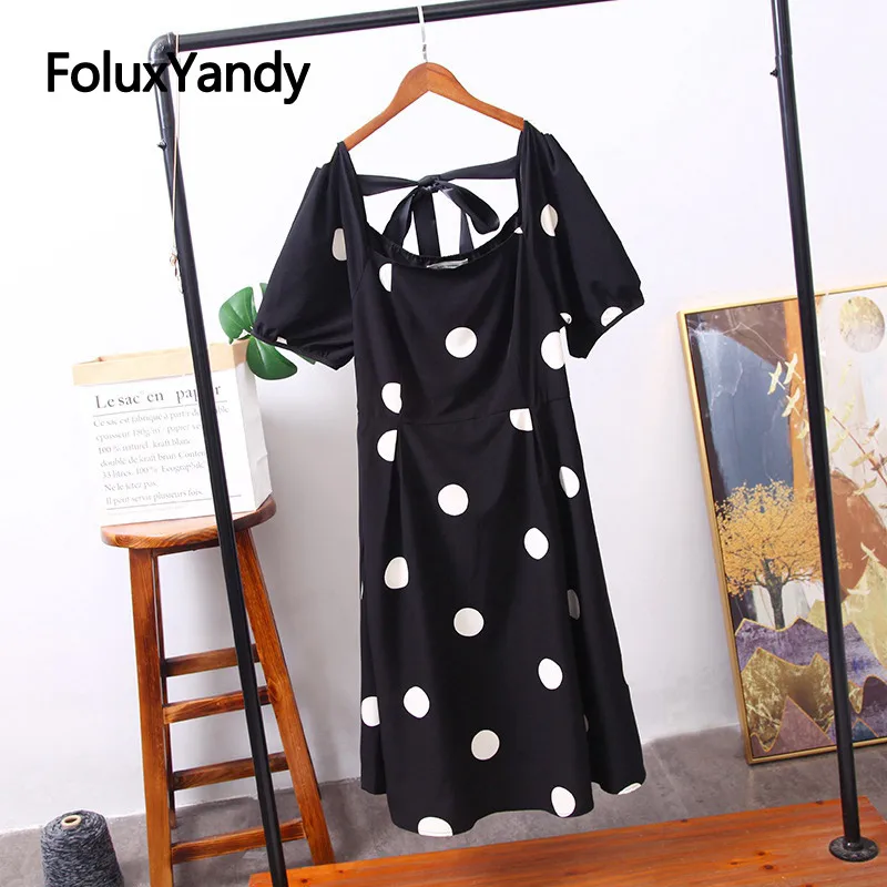 

Dot Vintage Dress Plus Size 2019 Summer New Slash Neck Bow Short Sleeve Dress Vestidos Black KKFY3833