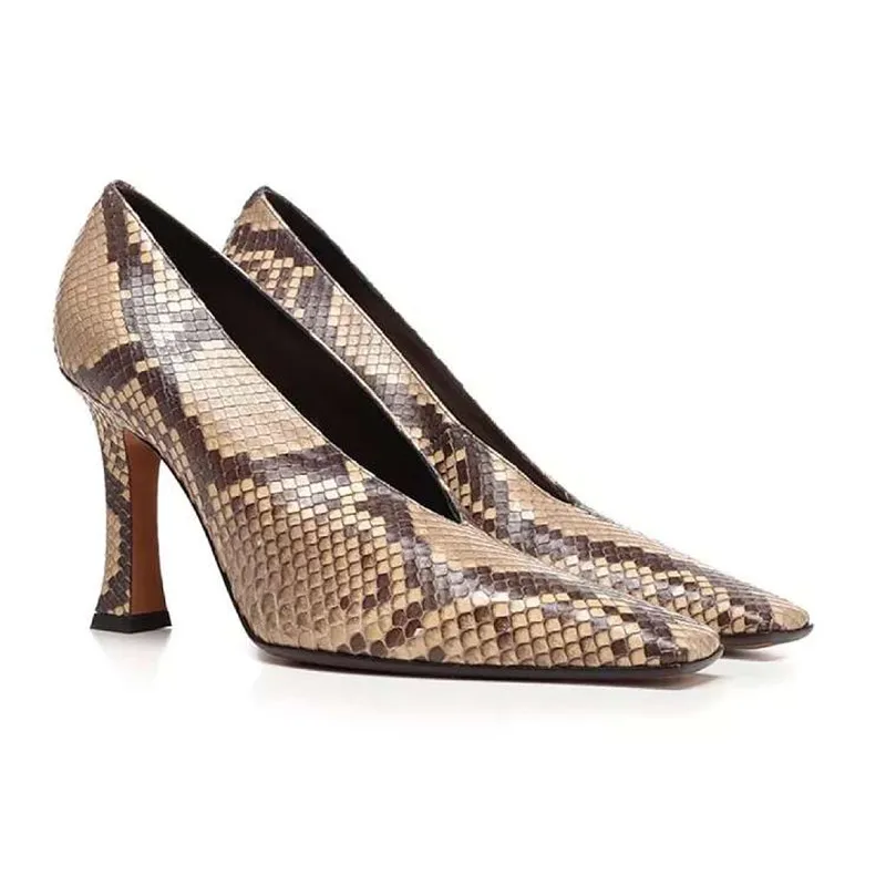 

Zapatos Mujer 2019 New V Neck Women Square Toe High Heels Women Dress Party Wedding Shoes Soft Leather Black Wine Python Pumps