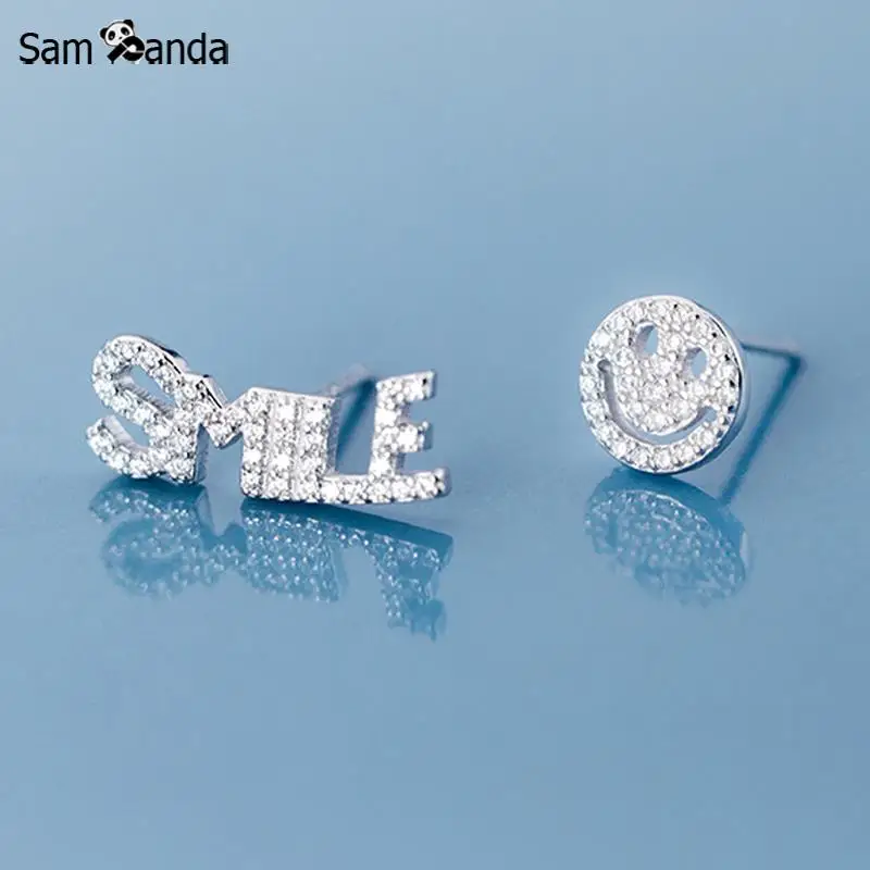

New 100% 925 Sterling Silver Asymmetrical Letter Expression Smile Stud Earrings For Women Simple Sterling-silver-jewelry Gift