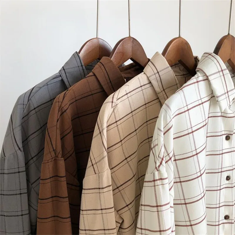  Loose cotton Checkered plaid College blouses shirt 2020 Cage female long sleeve Casual women Blouse