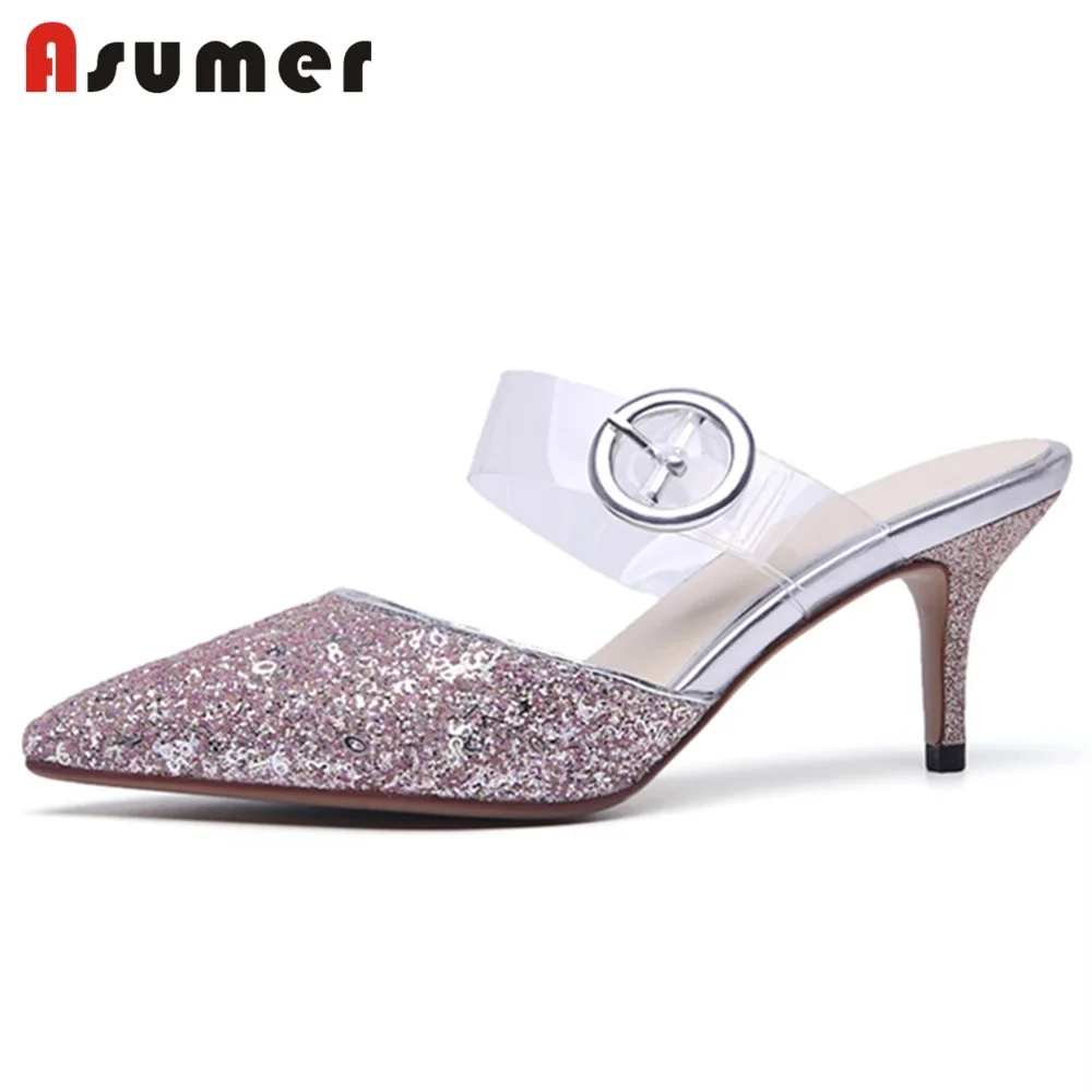 

ASUMER HOT 2018 fashion sequined cloth shoes ruond high heels pointed toe mules transparent strap sandals women party shoes