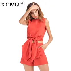 Xin Pai Ji Мода 2017 г. Повседневное лето, укороченный футболка и шорты Для женщин хлопок белье Комплект из двух предметов Для женщин Комплекты