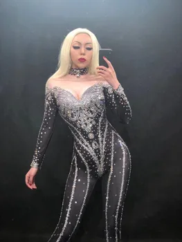 

Nightclub Sparkly Stones Jumpsuit Sexy Stretch Bodysuit Women's Stage Performance Birthday Celebrate Costume Dance Rompers DJ DS