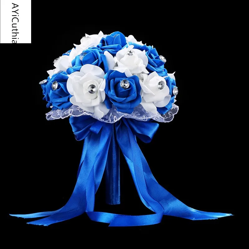 

AYiCuthia Bridal Bouquet for Wedding Blue and White Wedding Bouquet Handmade Artificial Flower Rose buque casamento s133