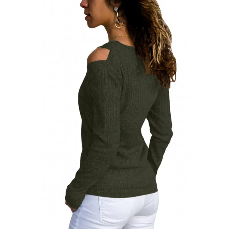 pullover Female rib knit long-sleeved top winter clothes women V-neck cold shoulder sweater casual pure Color clothes autumn (2)