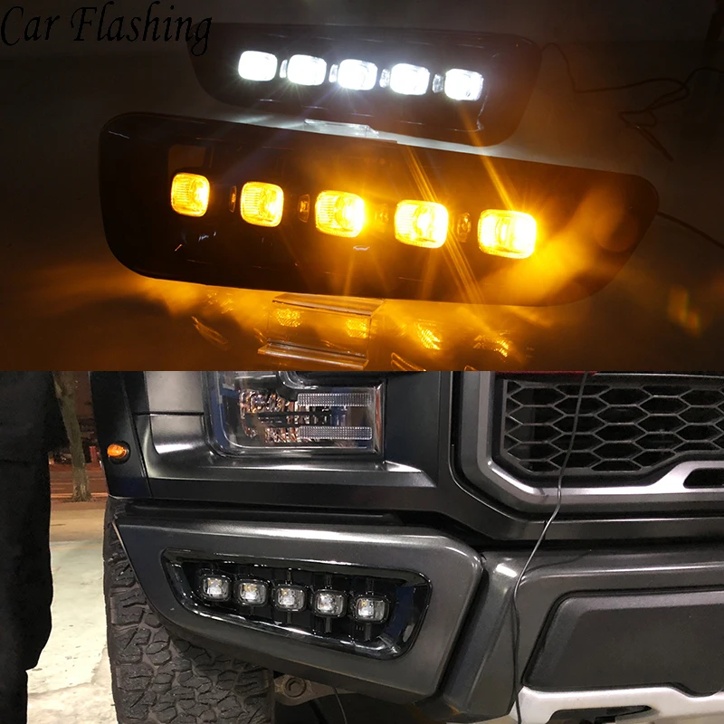 

Car Flashing 2 Pcs DRL LED Daytime Running Lights For Ford Raptor SVT F150 2016 2017 2018 with Turn Signal Yellow Fog Lamp