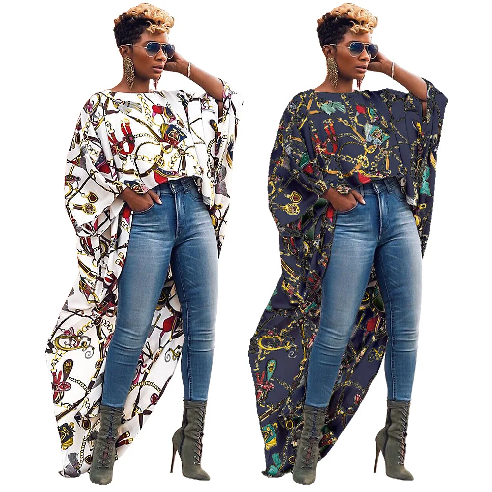 

Women Chain Printed Dress 2019 Fashion Round Neck Long Asymmetrical Chiffon Beach Long T-shirt Tops Dress Vestido