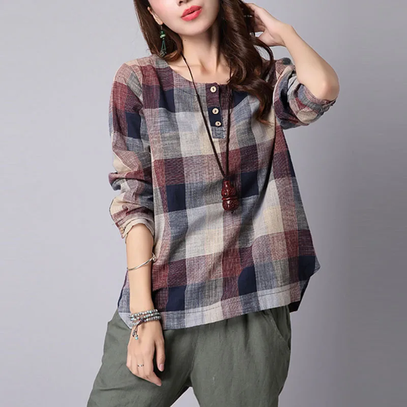 Kopen Plus Size 2018 ZANZEA Vrouwen Plaid Controleer O Hals Lange Mouw Knoppen Lente Katoen Linnen Werk Tartan Shirt Baggy Tuniek top Blouse