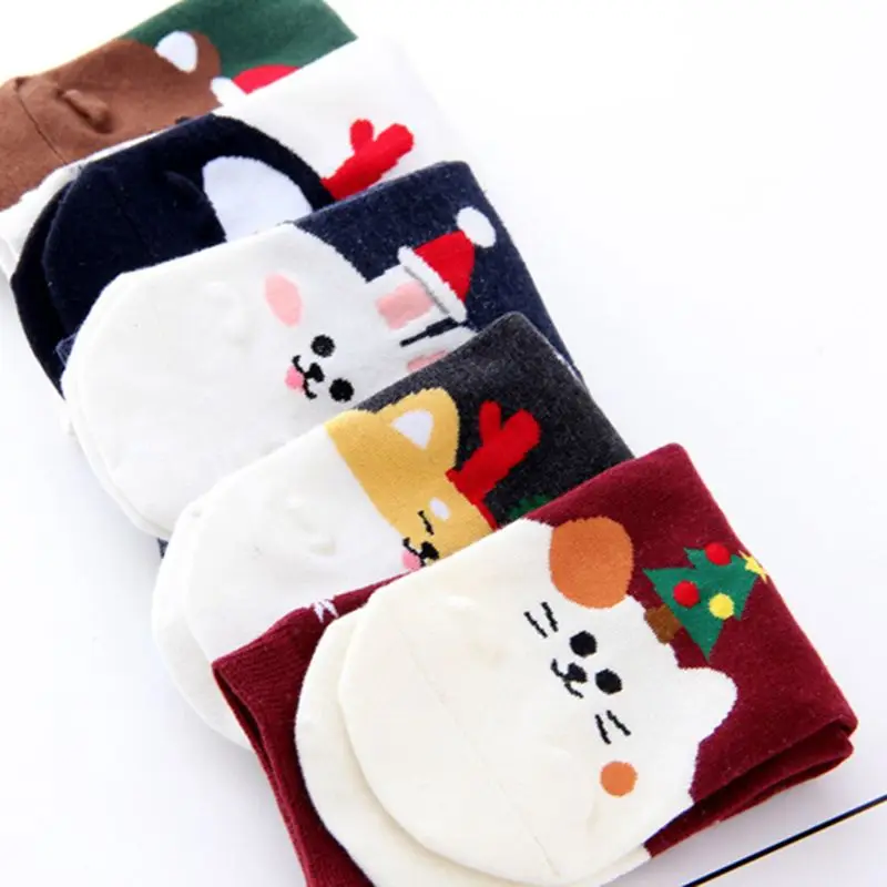 Для женщин обувь для девочек зимние вязаные длинные носки до щиколотки мультфильм животных Санта Клаус шляпа Снежинка с принтом теплее