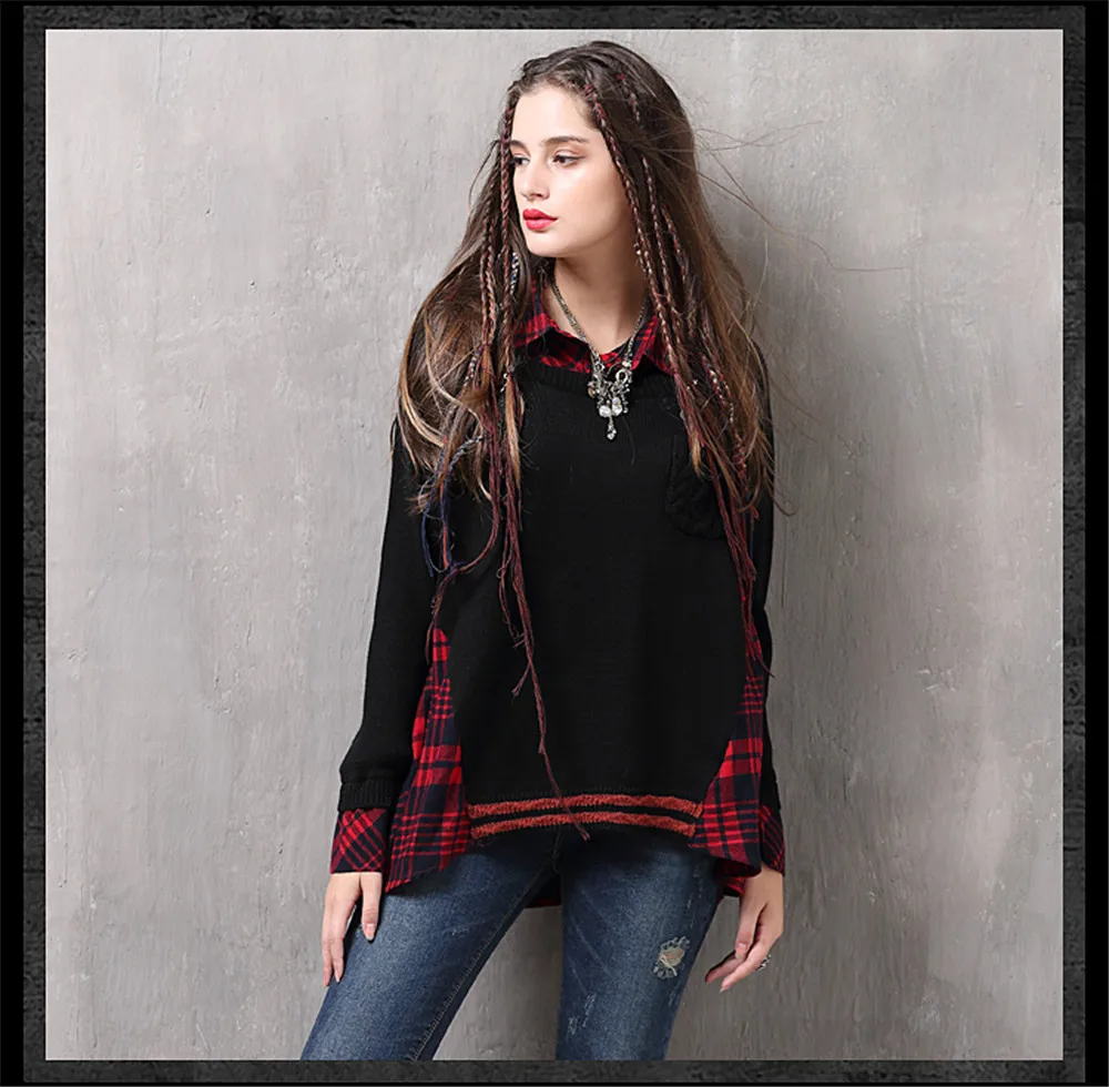 Vintage Patchwork Fake 2 Piece Women Blouse Knitted Plaid Long Sleeve Turn-down Collar Shirt Blouse For women Winter Top  (10)