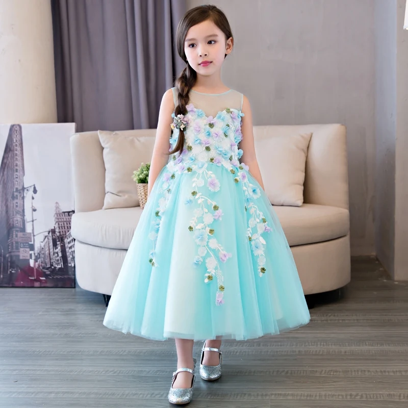 

2019 New Green Formal Evening Gown Flowers Wedding Princess Dress Girls Children Clothing Kids Dresses for Birthday Party Dress