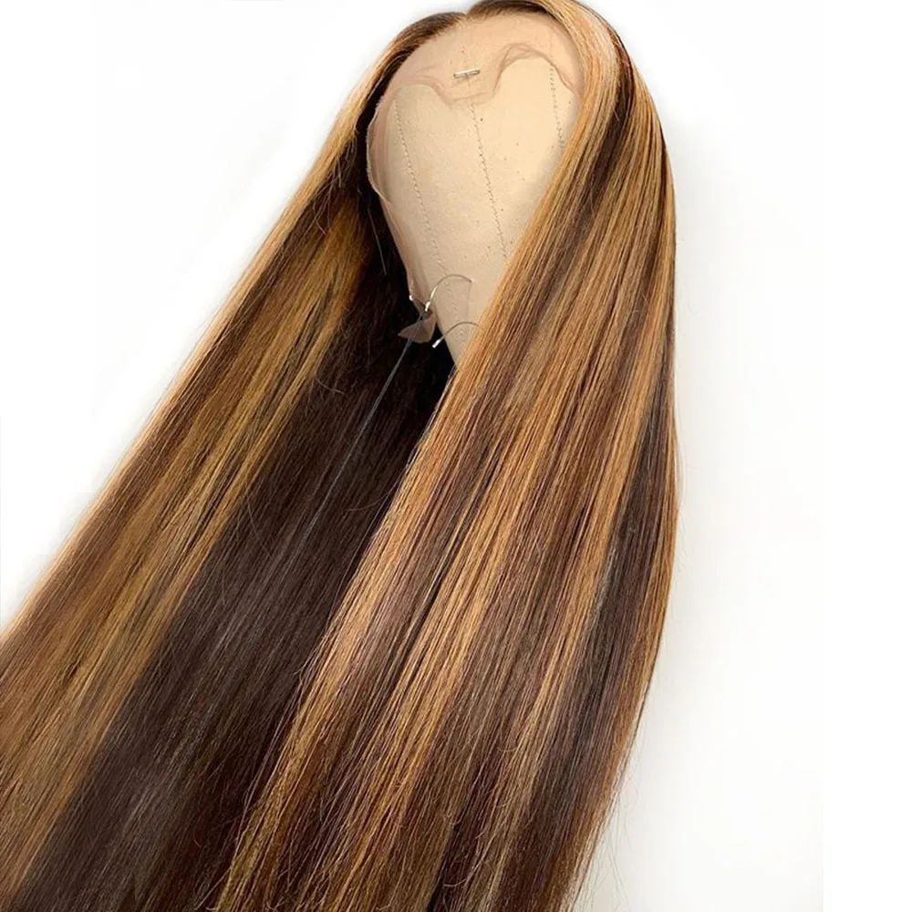 SimBeauty предварительно сорвал полный кружева человеческих волос парики с волосами младенца бразильские Remy длинные прямые изюминки светлые цвета полный парик шнурка