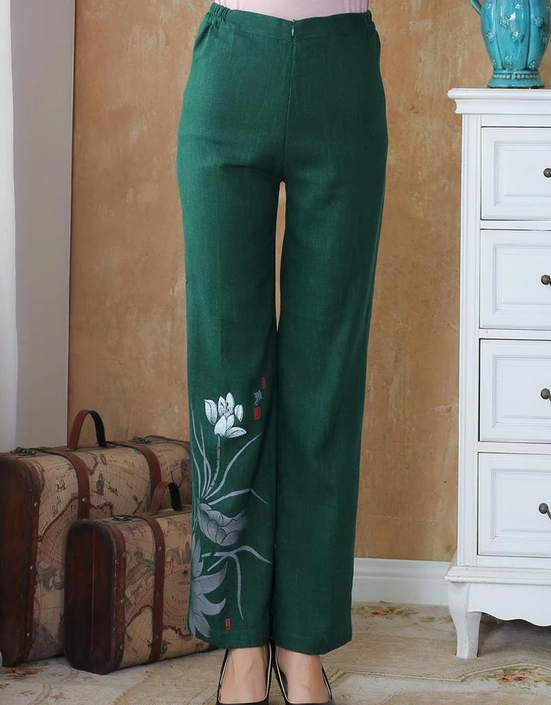 Зеленые китайские традиционные женские хлопковые льняные брюки свободные повседневные брюки с широким клешем цветок плюс размер M L XL XXL 3XL 4XL 2502-1