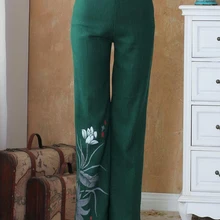 Зеленые китайские традиционные женские хлопковые льняные брюки свободные повседневные брюки с широким клешем цветок плюс размер M L XL XXL 3XL 4XL 2502-1