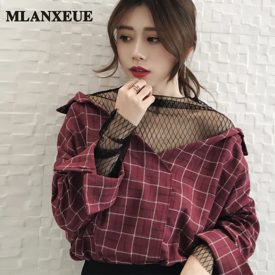 

Sexy See Through Plaid Blouse Women Korean Retro Off Shoulder Long Sleeve Shirt Ladies Spring Casual Mesh Shirt Female Vogue Tee