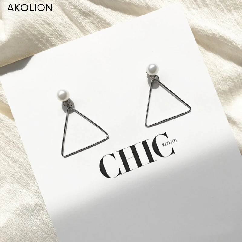 

AKOLION Hot Sell Silve Triangle Pearl Earrings Anti allergy Stud Earring 925 Sterling Jewelry For Women GIrl wedding Gift